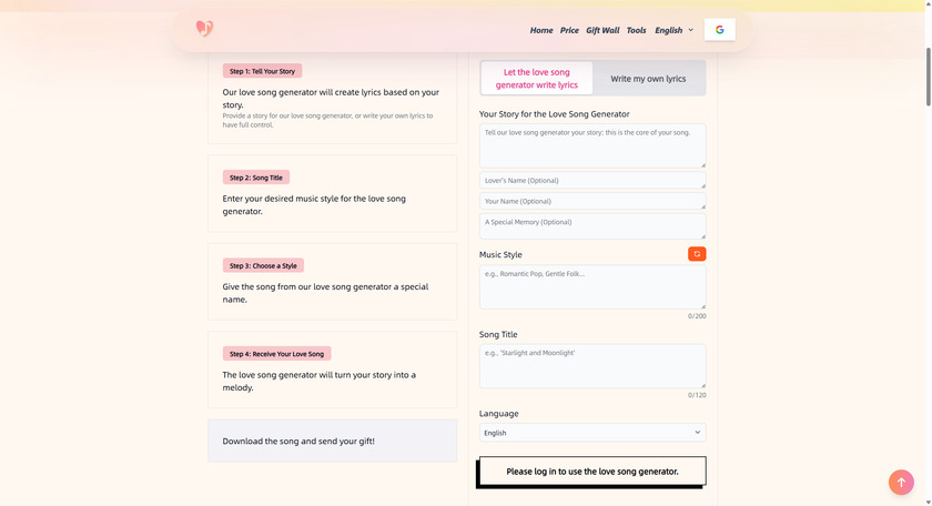 Love Song Generator Landing Page