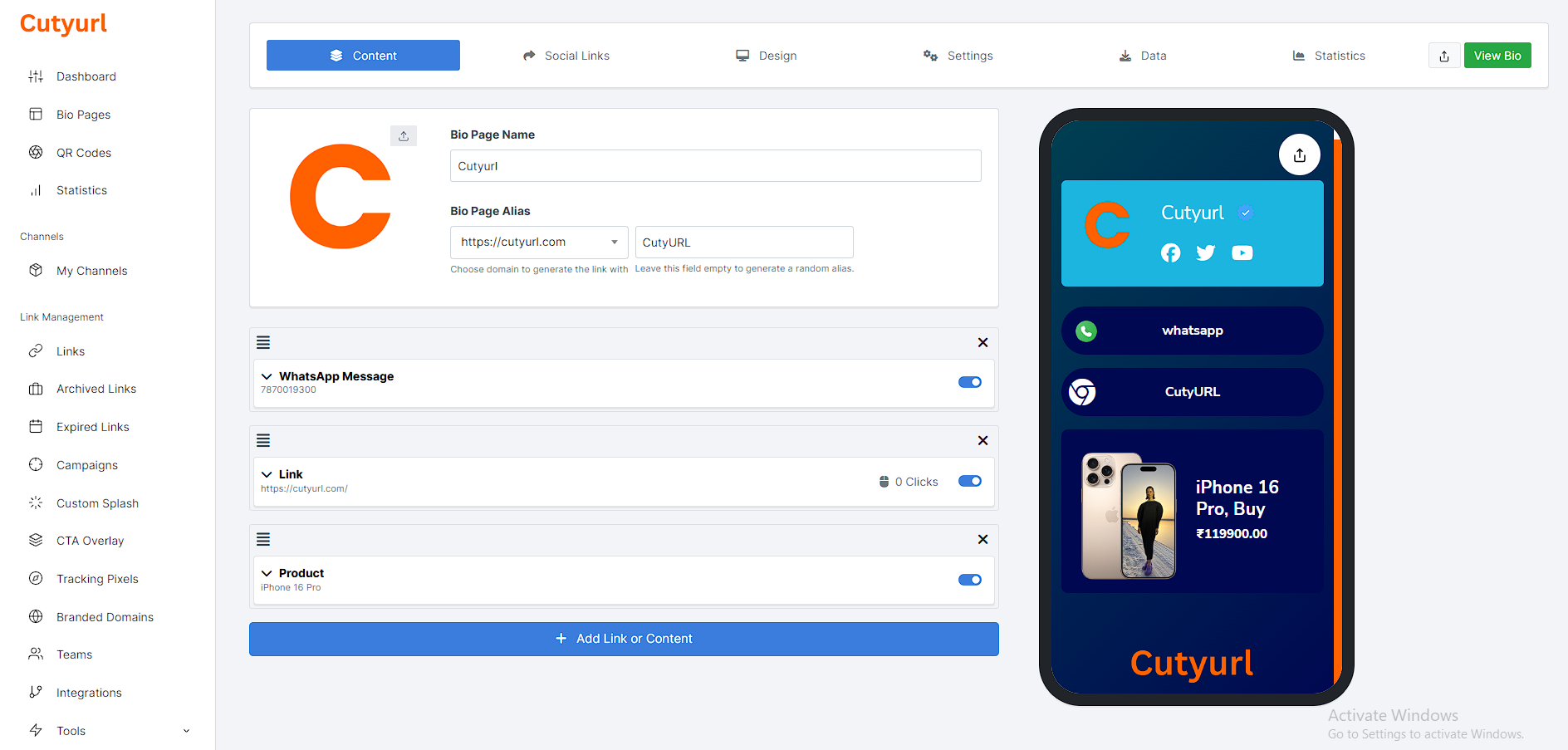 CutyURL Custom Domain Support: Use your own branded domain for bio page links.
