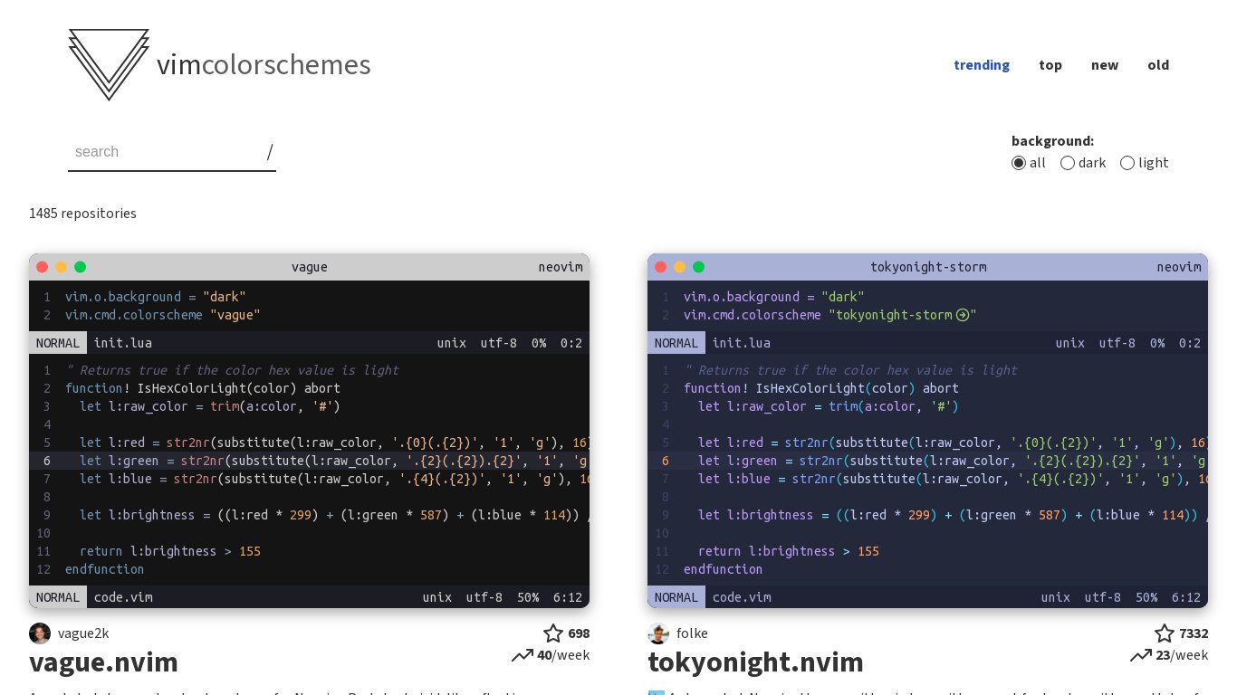 vimcolorschemes Landing page