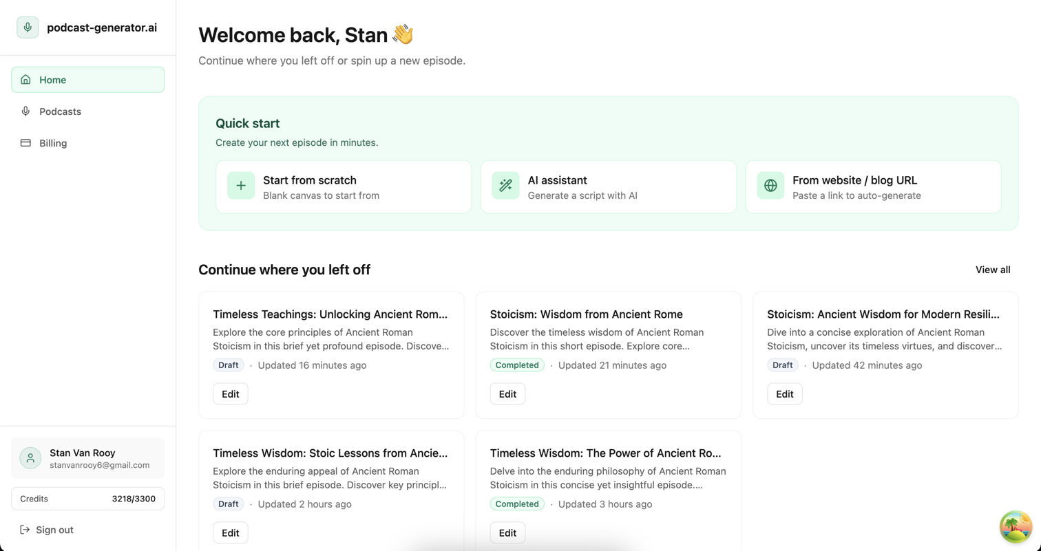 podcast-generator.ai Dashboard