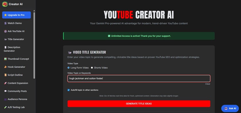 YouTube Creator AI Landing Page