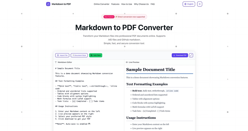 MarkDownToPDF.Co Landing Page