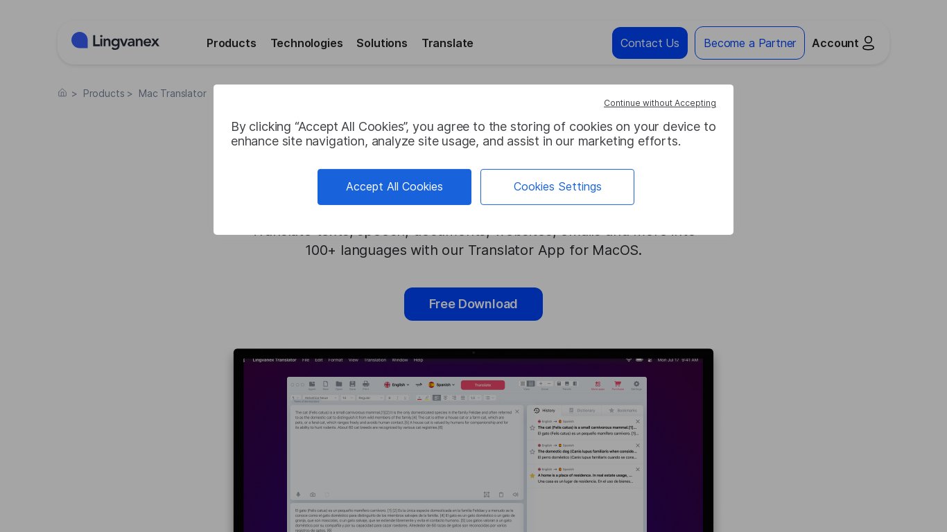 Lingvanex MacOS Translator Landing page