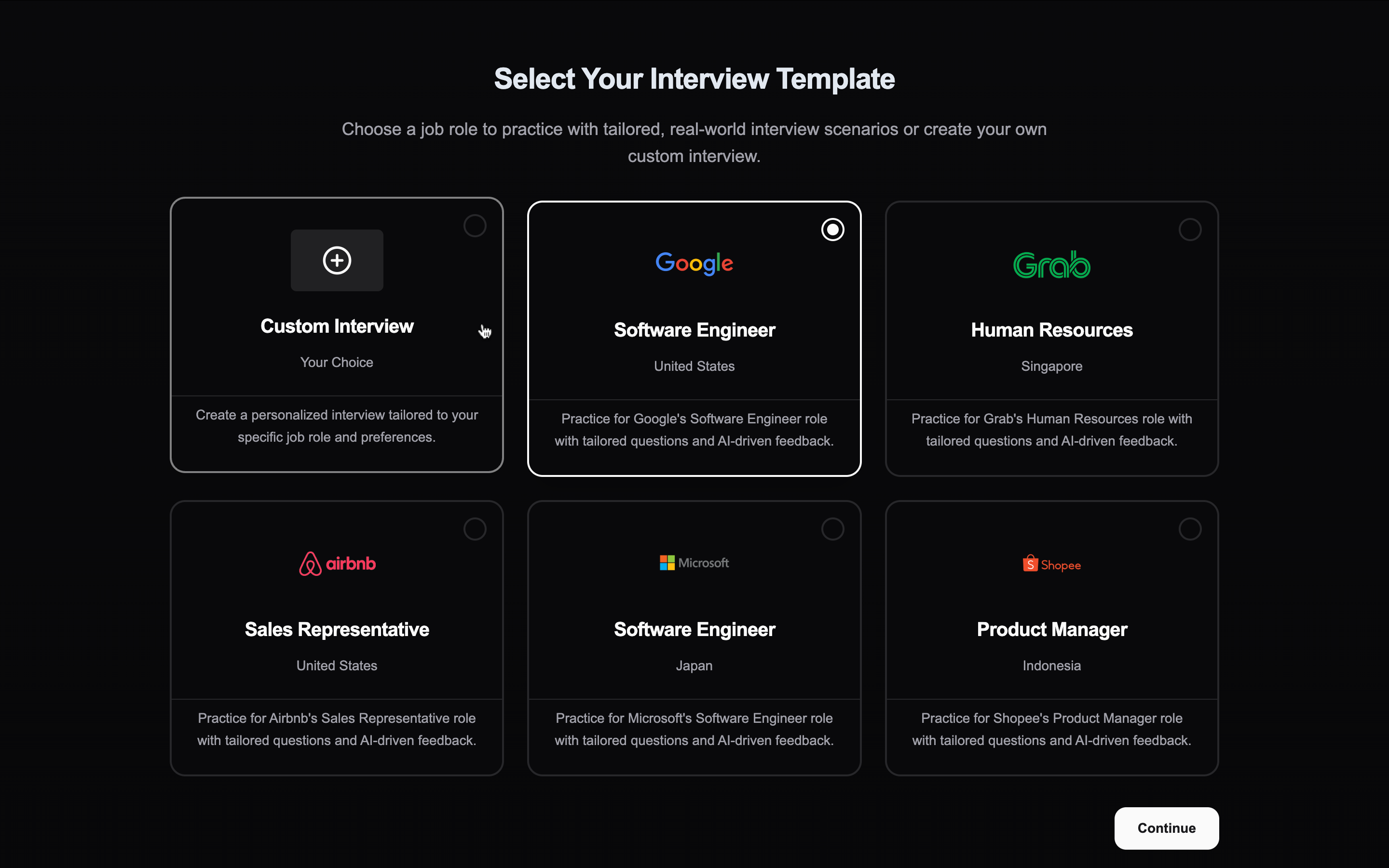 GetMockInterview Select Interview Template