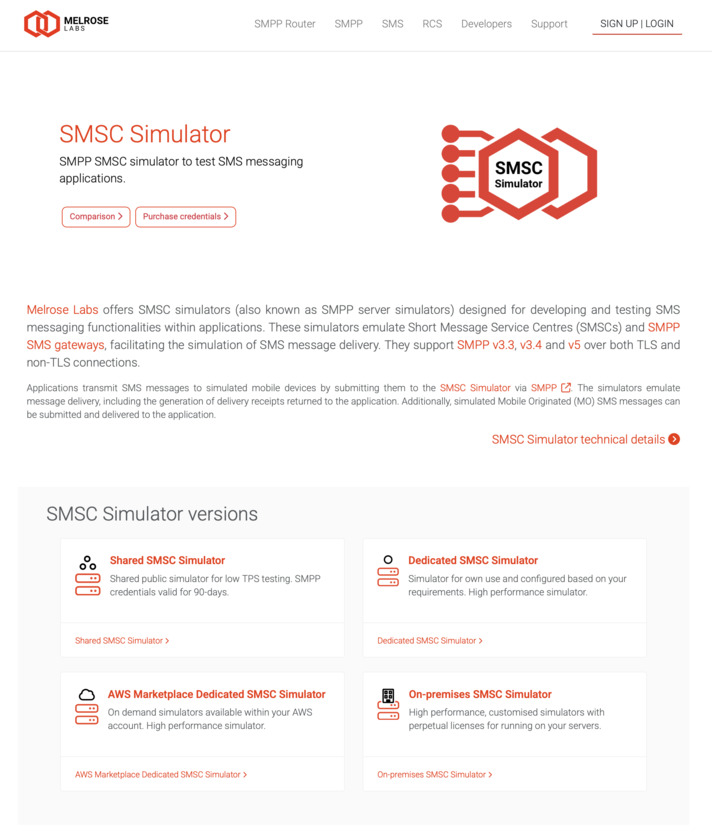 Melrose Labs SMSC Simulator Landing Page