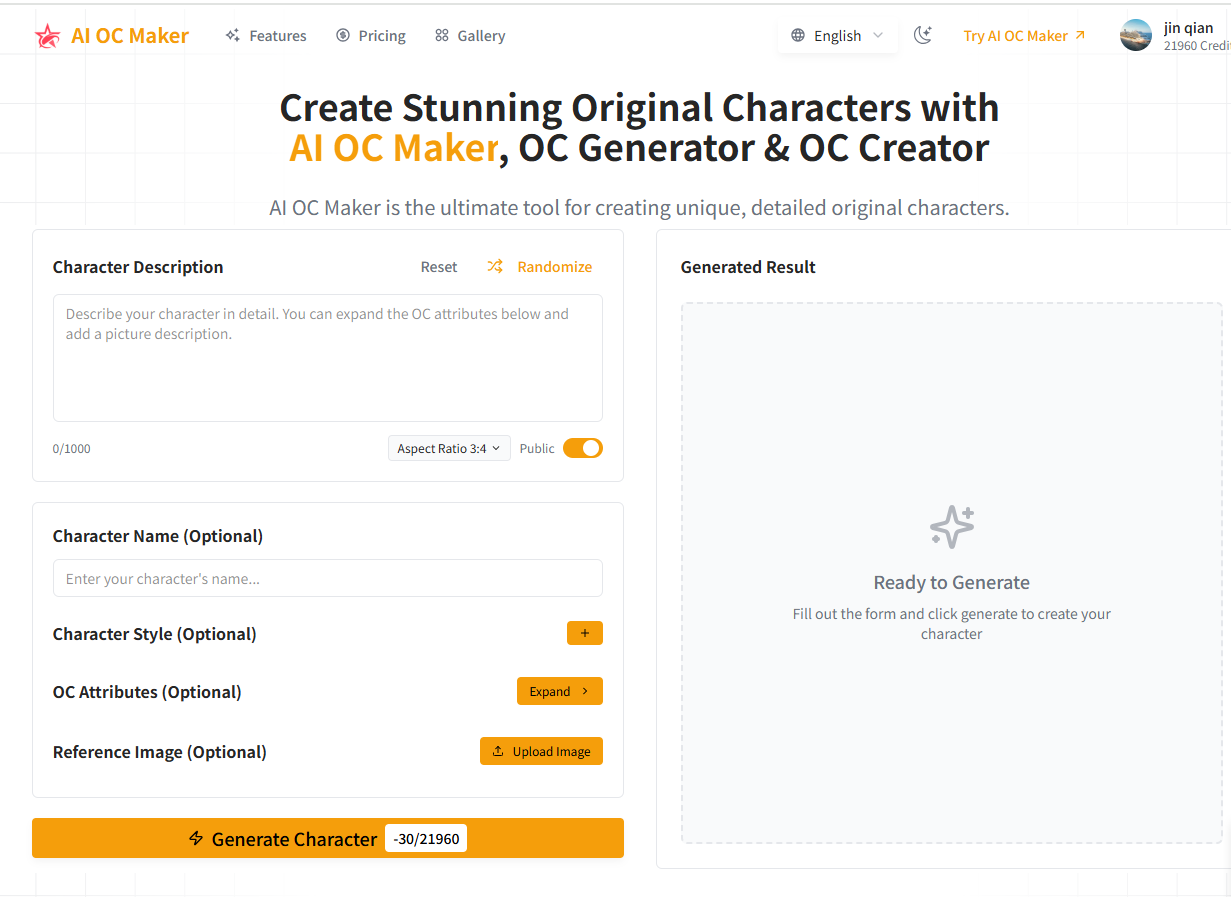 AI OC Maker home page image generator