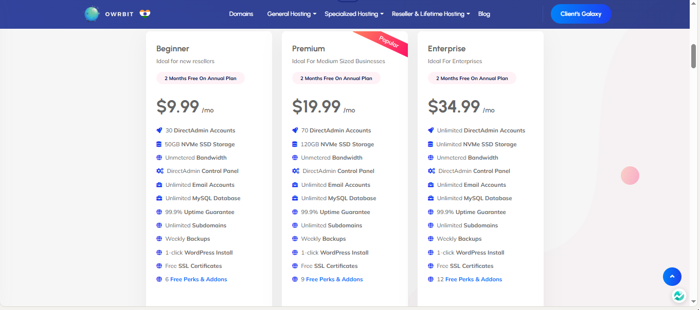 Owrbit Reseller Hosting Pricing