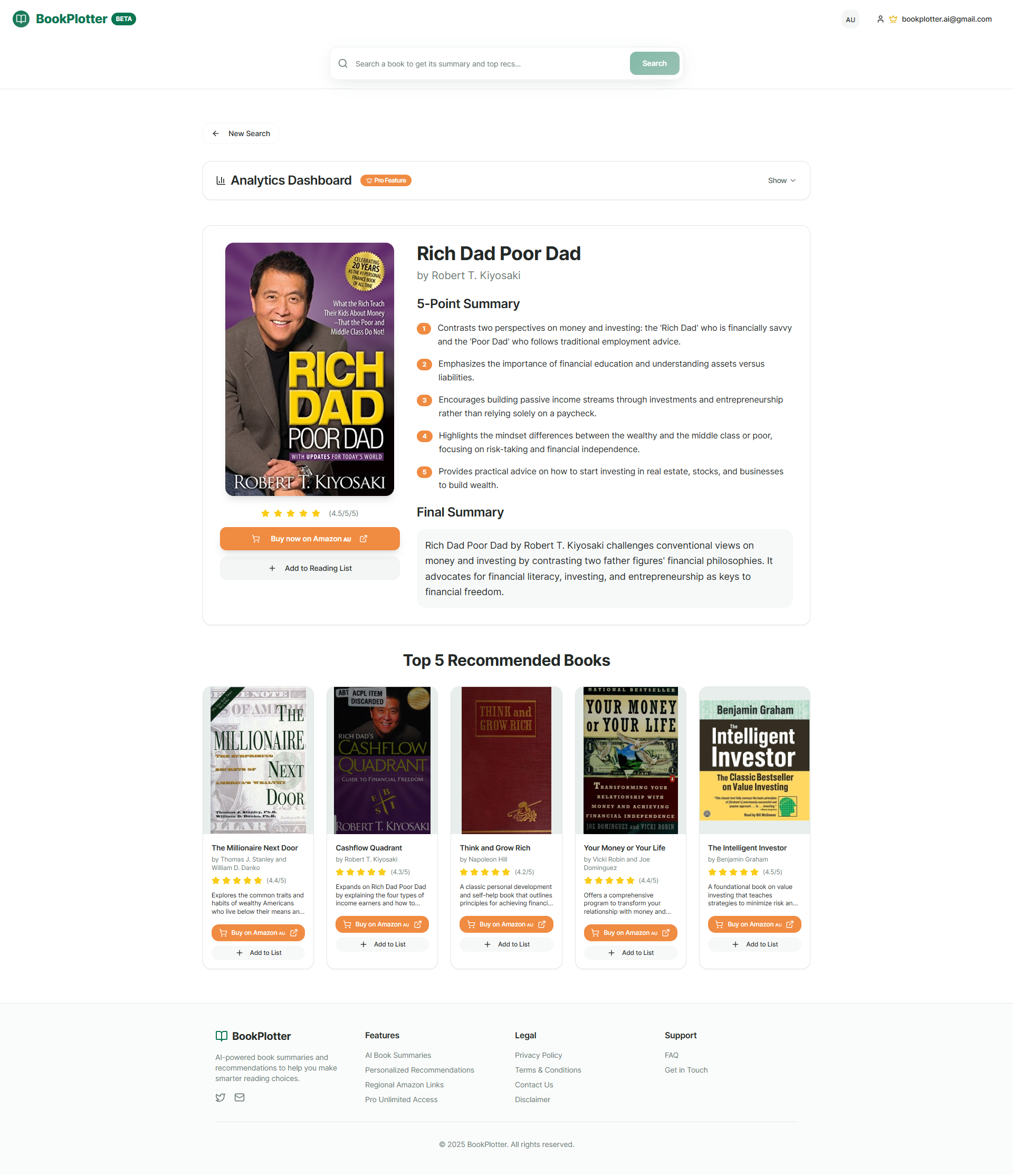 BookPlotter Summary and Recommendations page