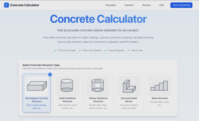Free Concrete Calculator Landing Page