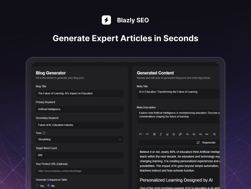 Blazly SEO  Generate Expert Articles in Seconds