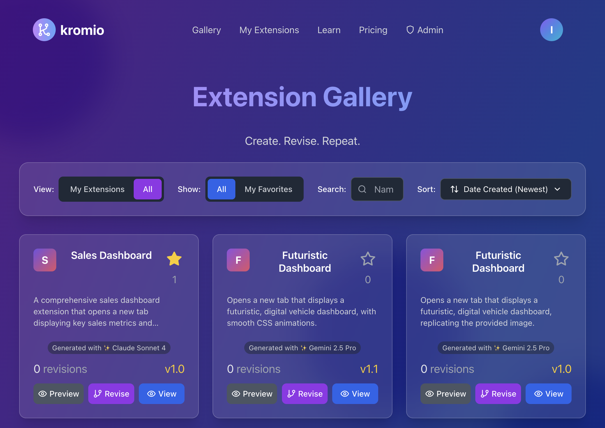 Kromio.ai Kromio AI Gallery Page - AI Extension Generator