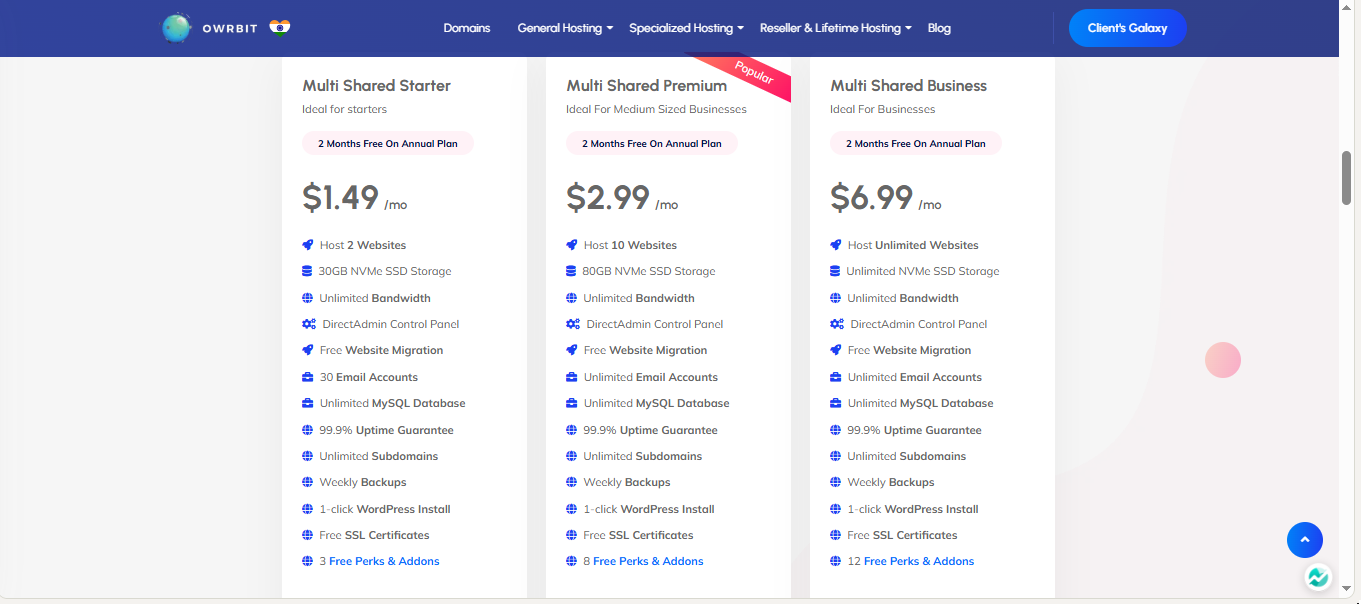 Owrbit Shared Hosting Pricing