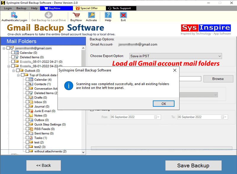 SysInspire Gmail Backup Software Scan Gmail Folder to Display