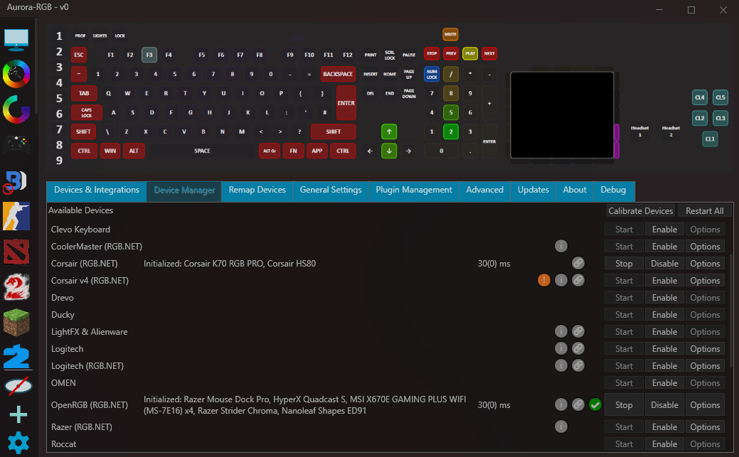 Project Aurora Device integrations setting