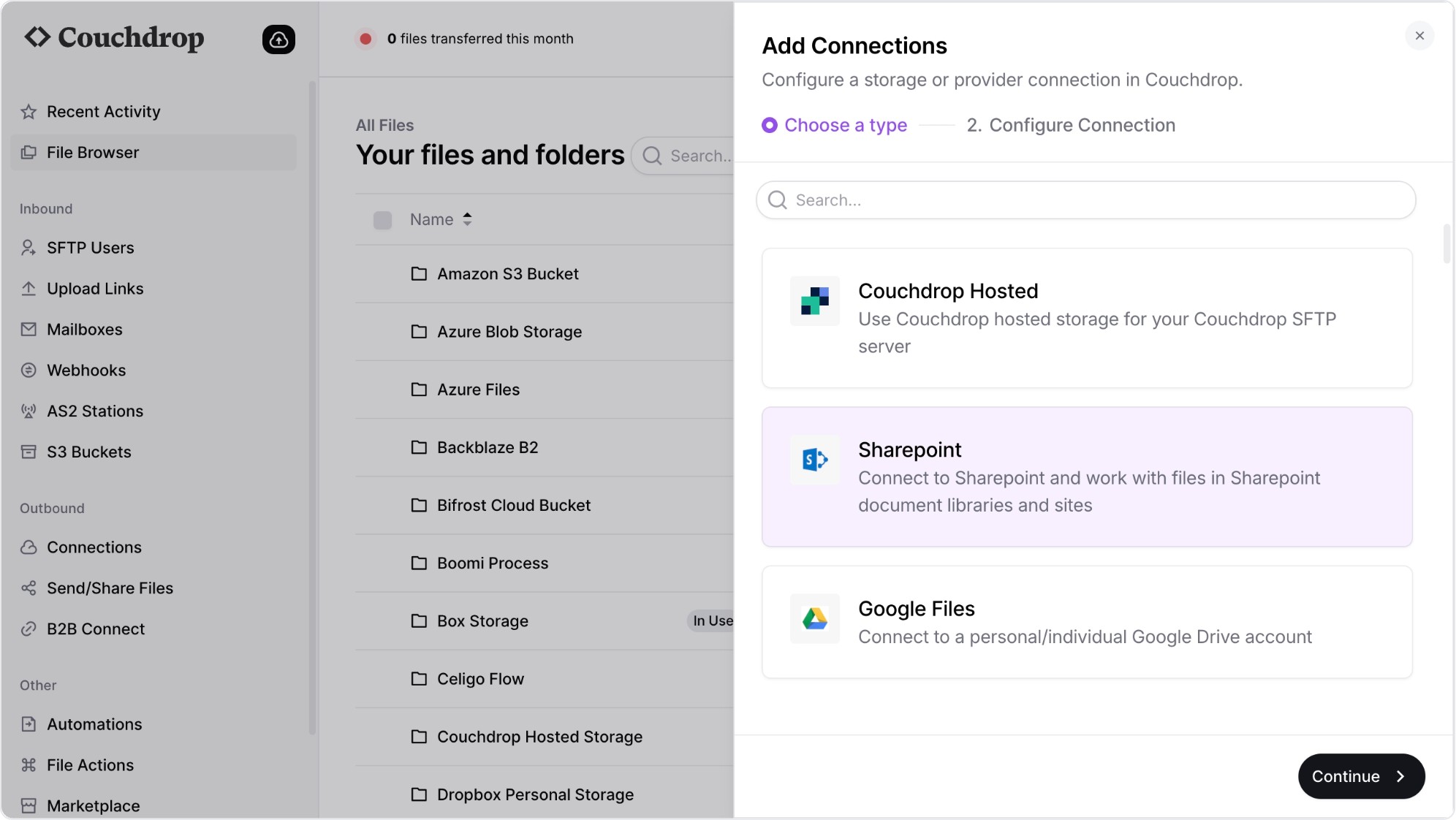 Couchdrop Add integrations with simple, direct connections to over 20 storage platforms, including remote SFTP and on-prem file servers.