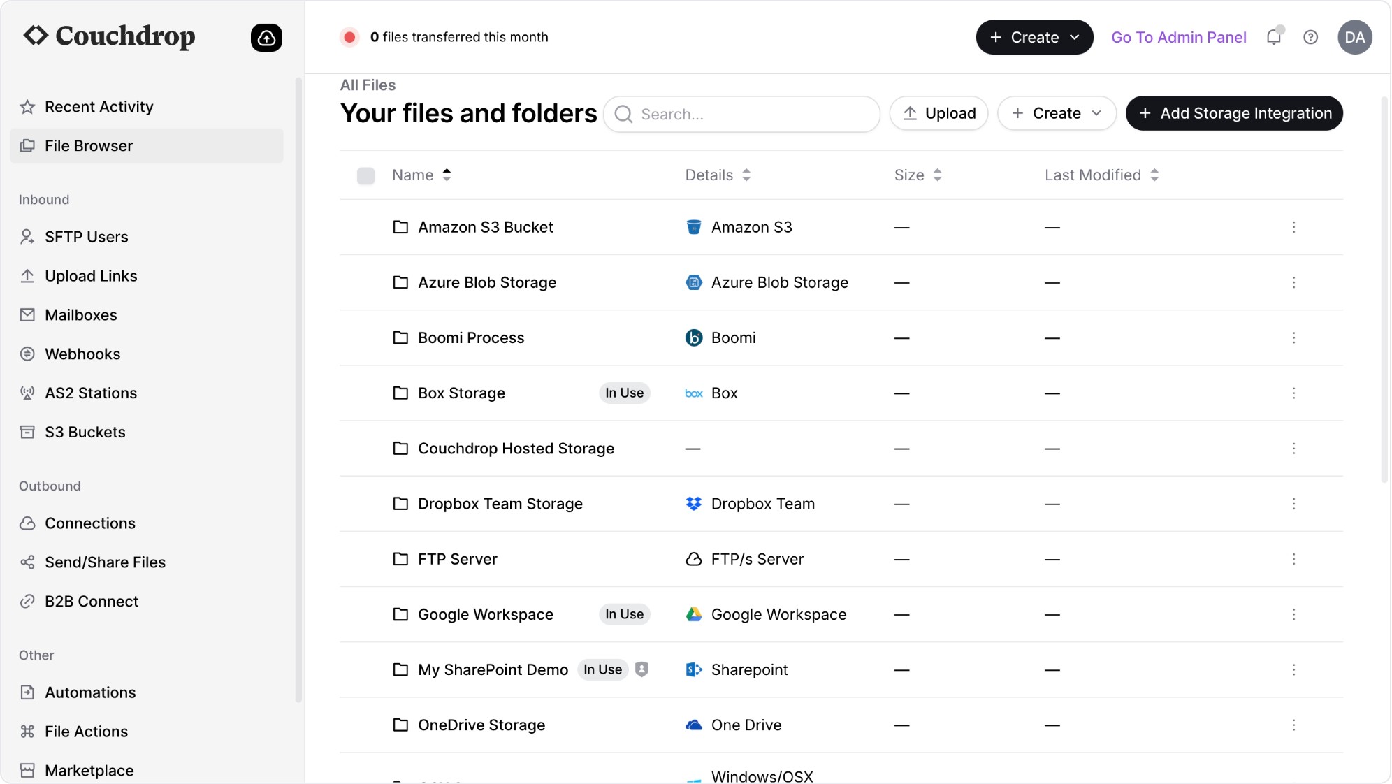 Couchdrop Integrate as many storage platforms as you want and view them all in one place in the virtual file browser.