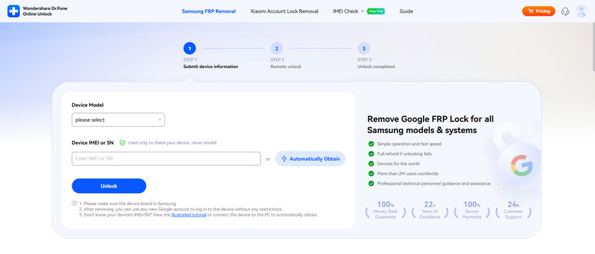 Wondershare Dr.Fone Online Unlock Landing Page