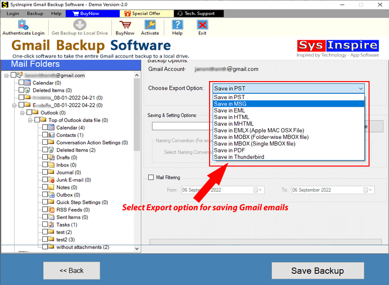 SysInspire Gmail Backup Software Backup Options for Gmail Backup Tool