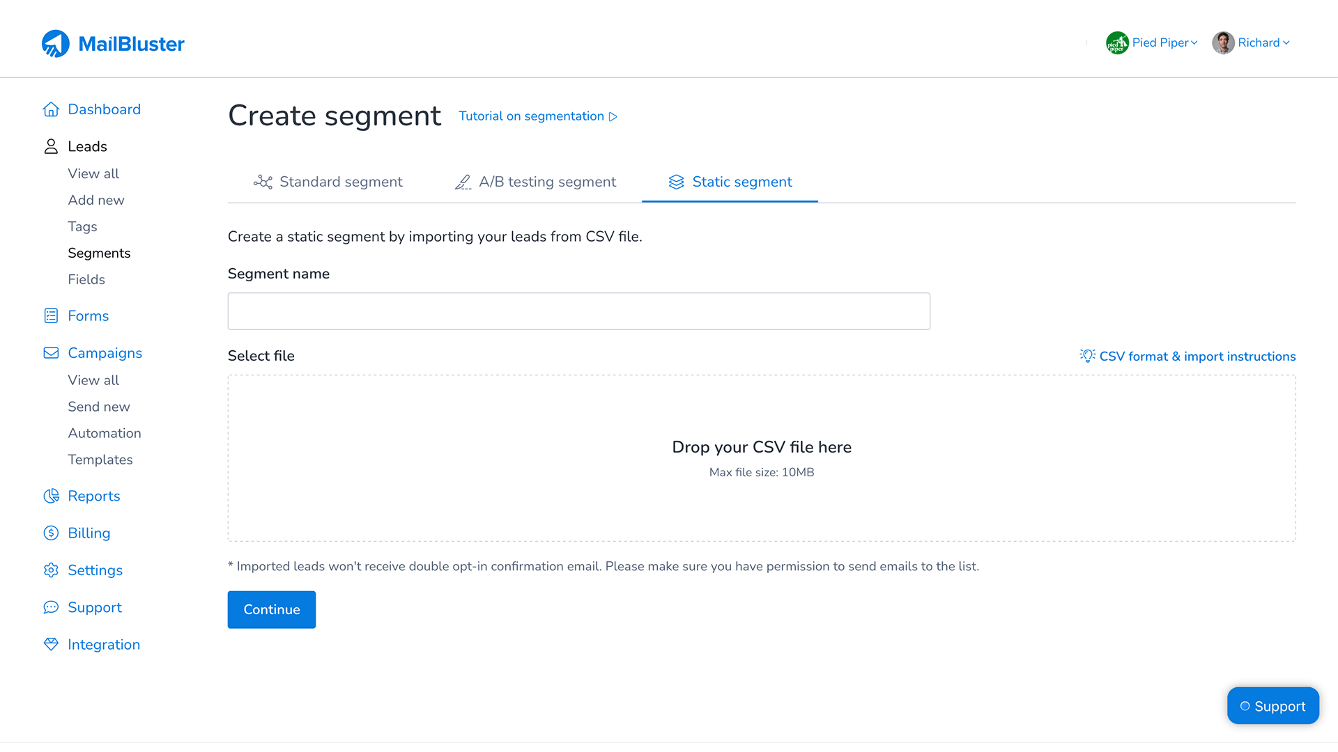 MailBluster MailBluster static segment