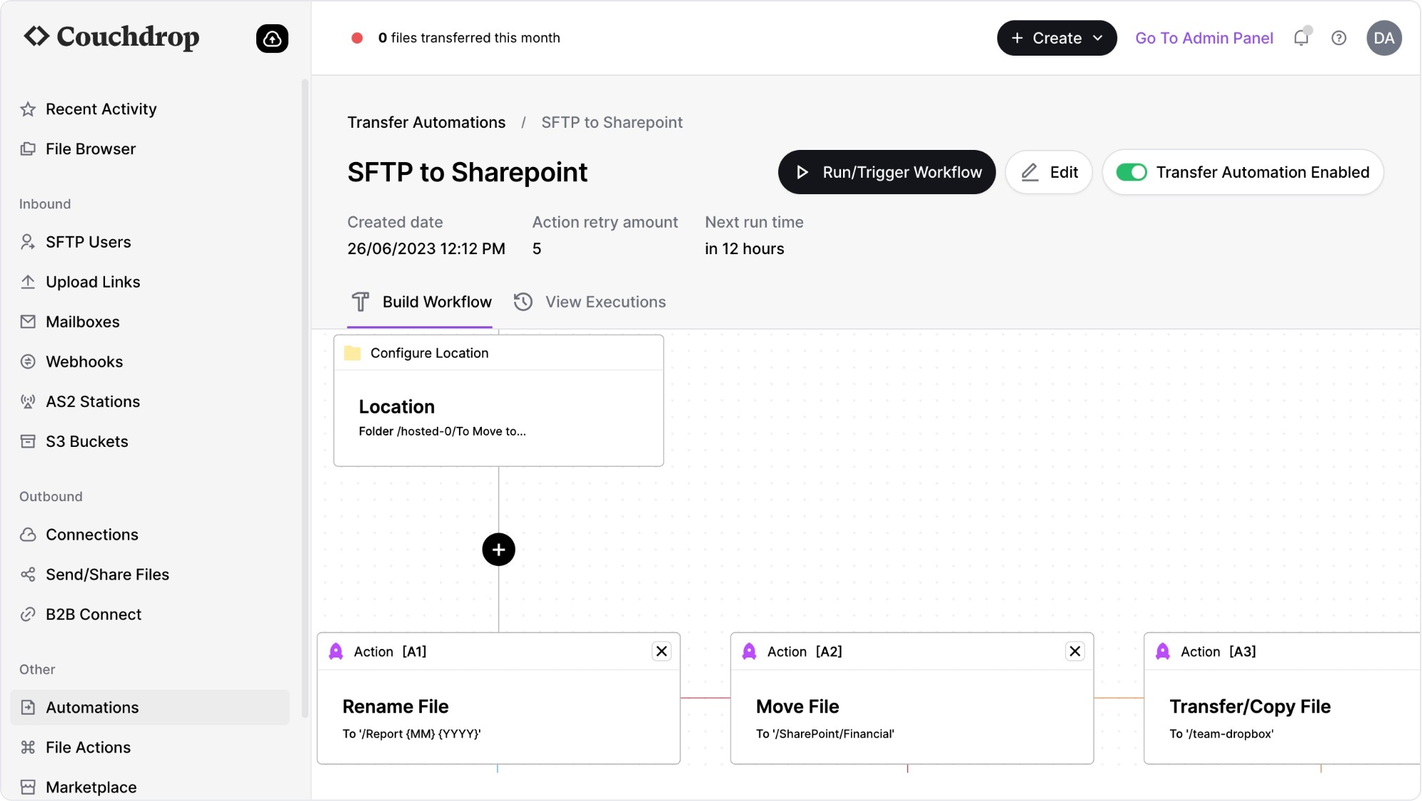 Couchdrop Build transfer automations with a visual builder with actions such as move, rename, PGP encryption/decryption, compression, and more.