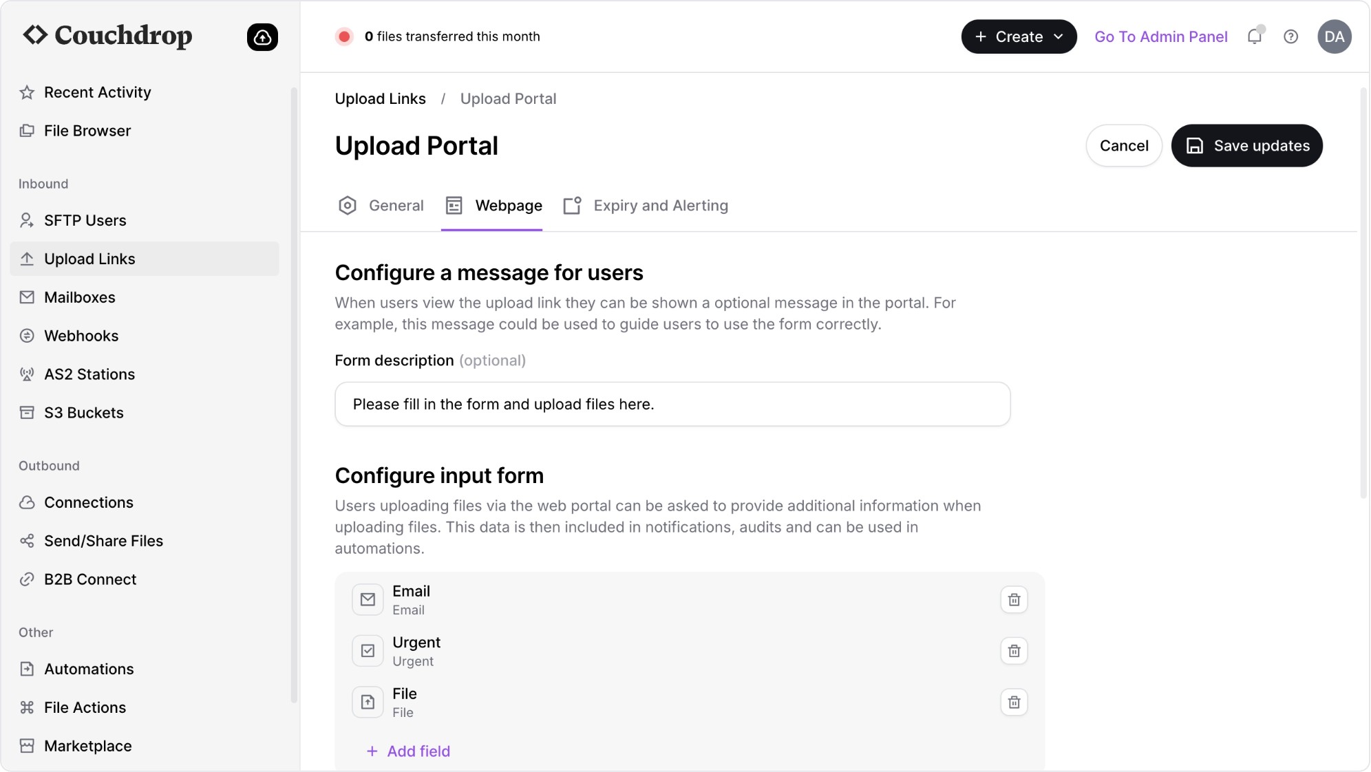 Couchdrop Securely ingest files via a brandable upload portal or email, and share links with configurable security settings like one-time use and timed expiration.