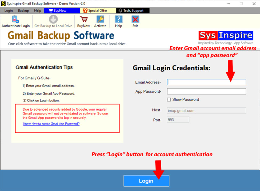 SysInspire Gmail Backup Software Landing Page
