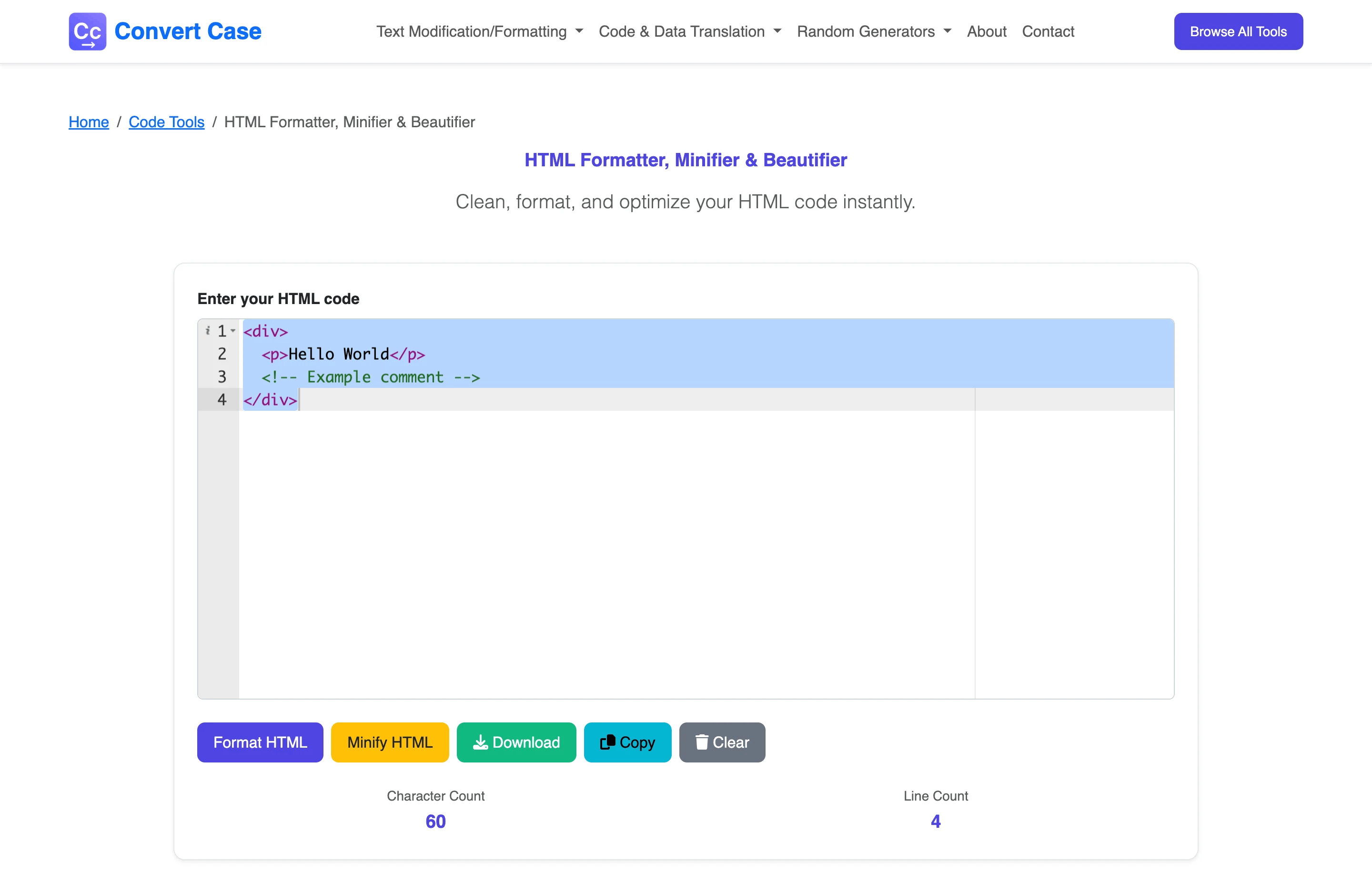 Case Convert Tool HTML Formatter, Minifier & Beautifier