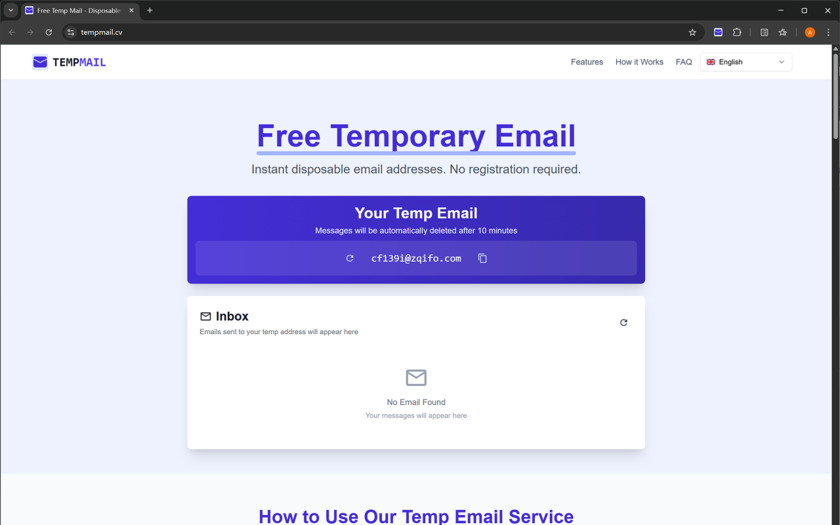 TempMail.cv Landing Page