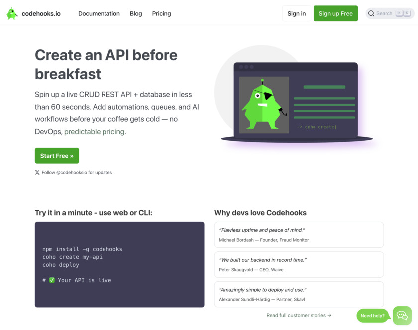 Codehooks.io Landing Page