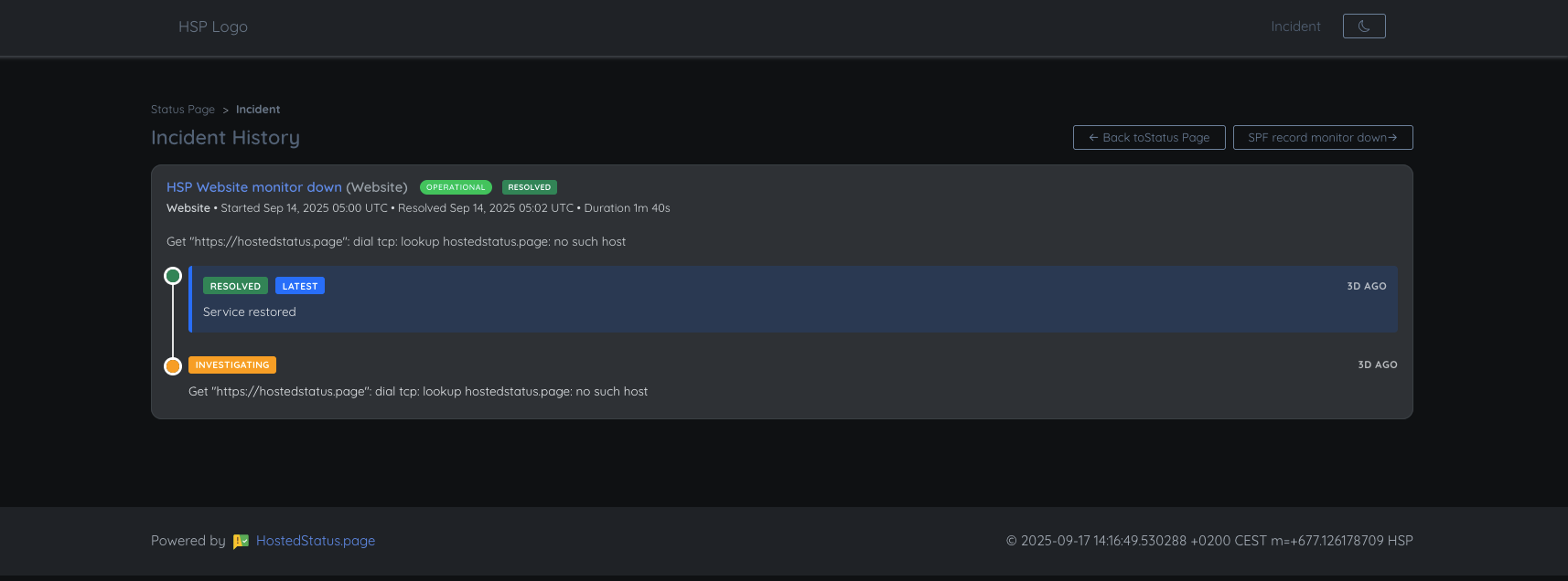 Hosted Status Page Single Incident View example [dark theme]