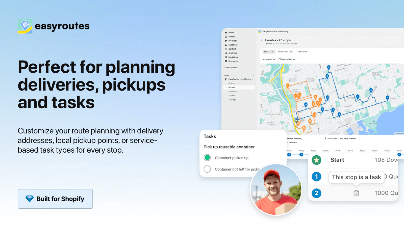 EasyRoutes Customize your route planning with delivery addresses, local pickup points, or service-based task types for every stop.