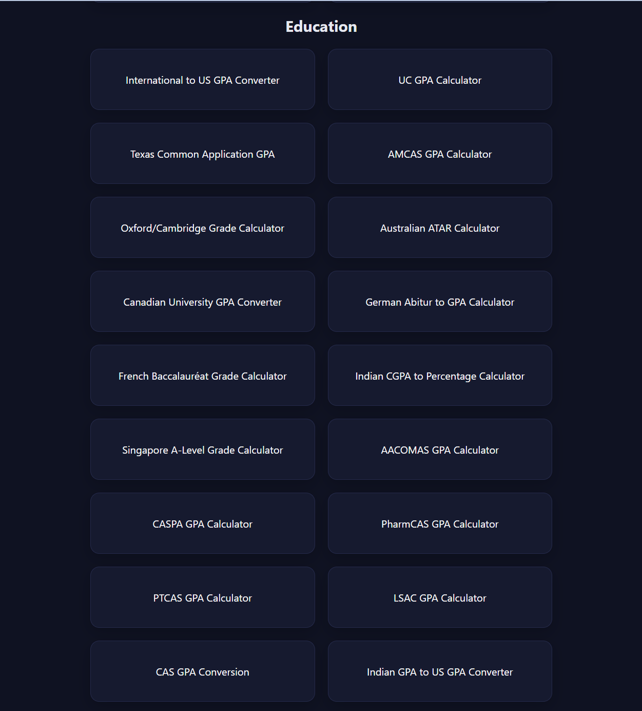 The Calc Menu Categories