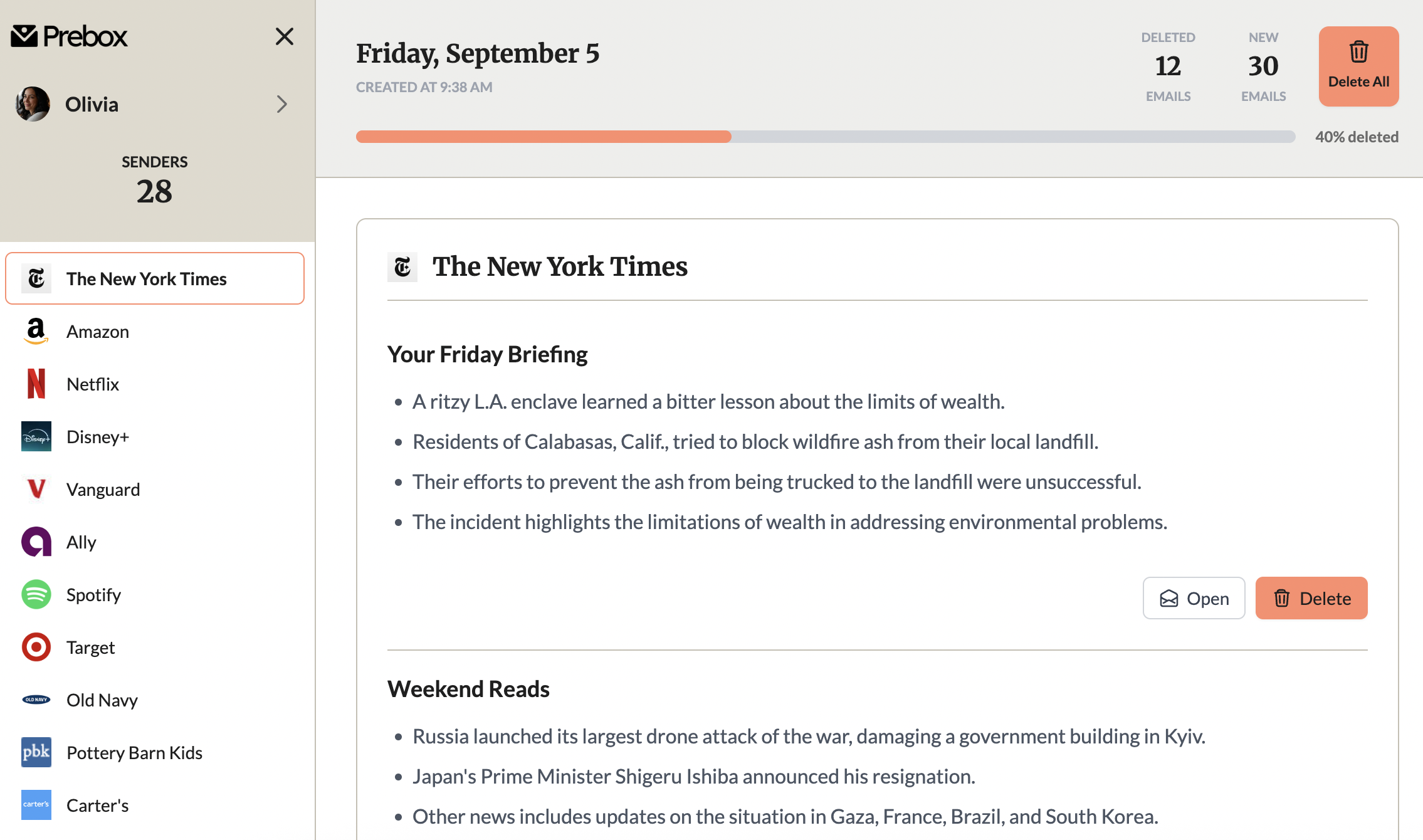 Prebox.ai Sample Inbox Snapshot