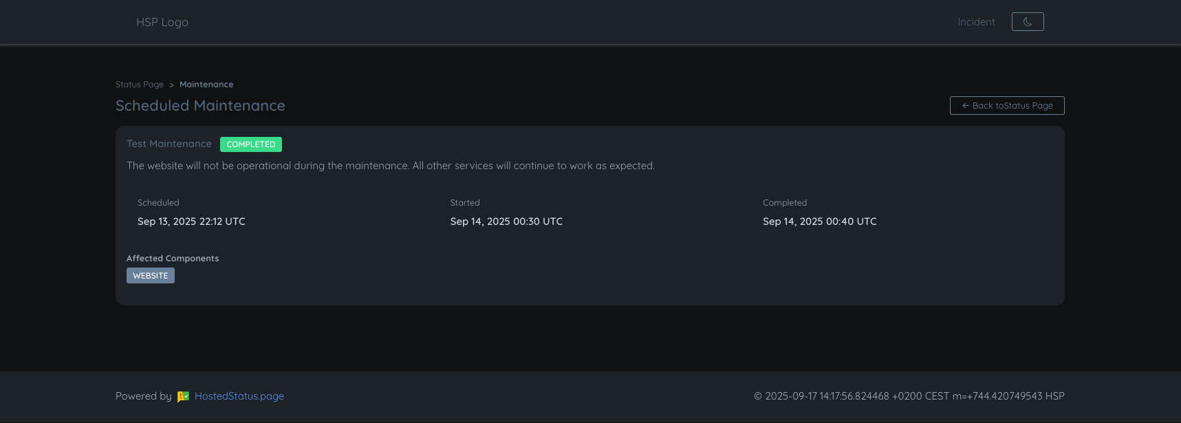 Hosted Status Page Scheduled Maintenance Example [dark theme]