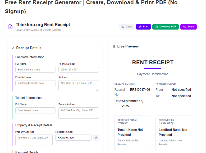 Thinkforu.org Rent Receipt Generator Image 
