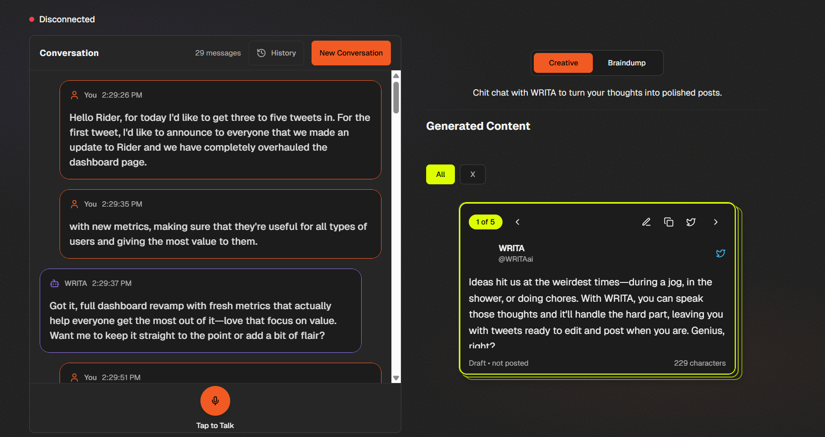 WRITA AI Conversation page and drafting UI (The Studio)