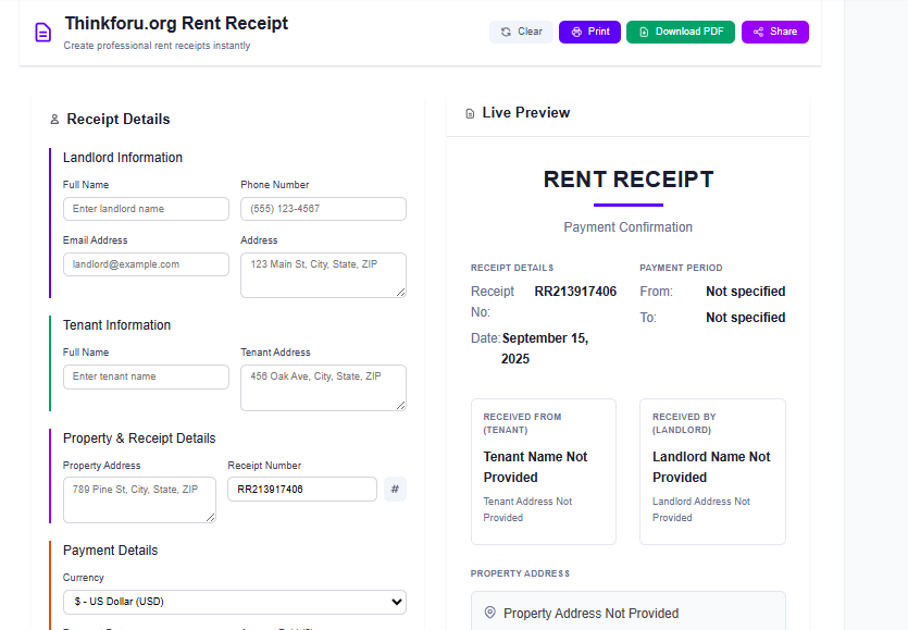 Thinkforu.org Rent Receipt Generator