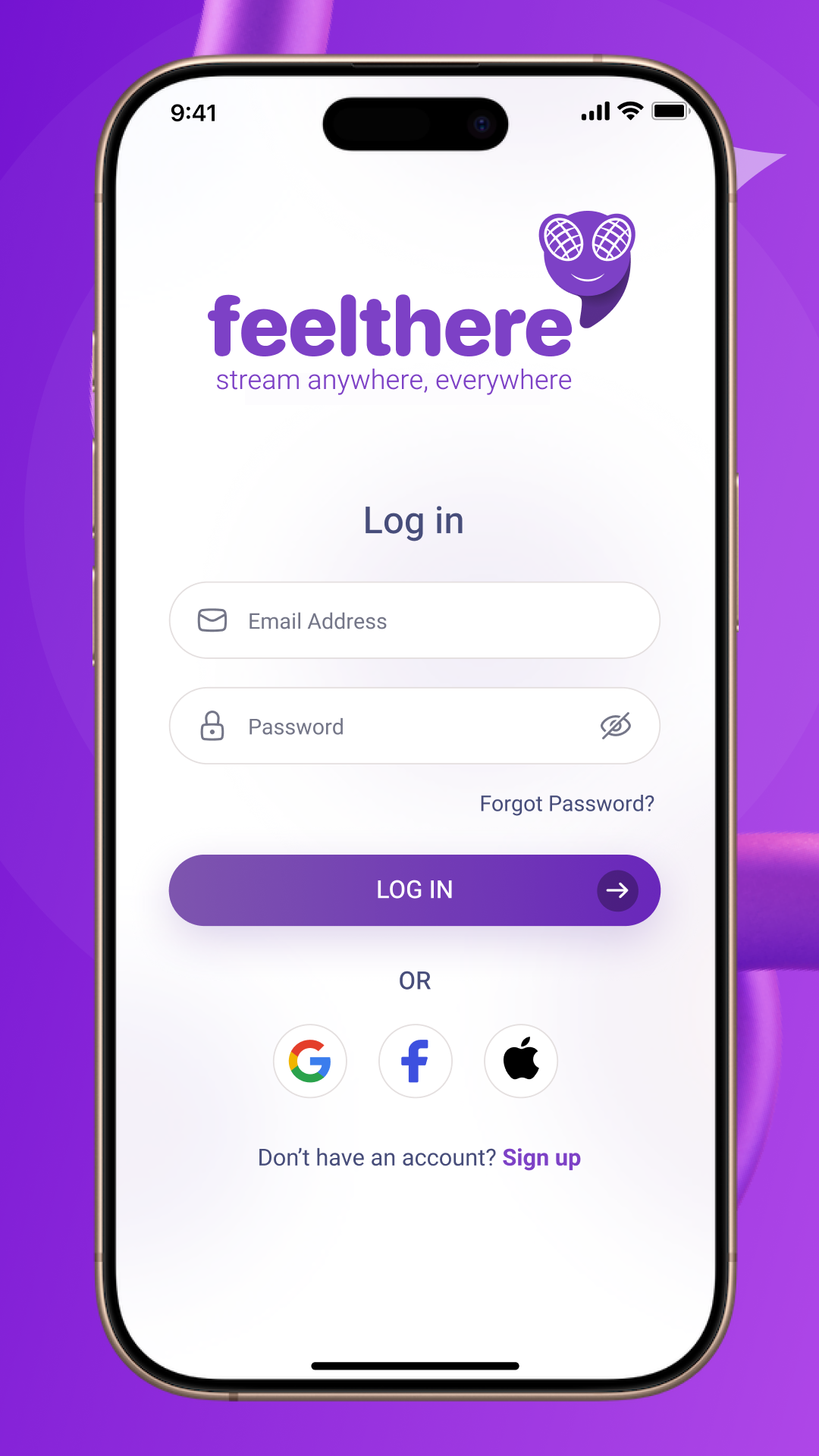 FeelThere.live FeelThere - Login Page: Secure login screen for creators to access their accounts. Supports email and password login as well as social sign-in with Google, Facebook, and Apple for quick and easy access to the platform.