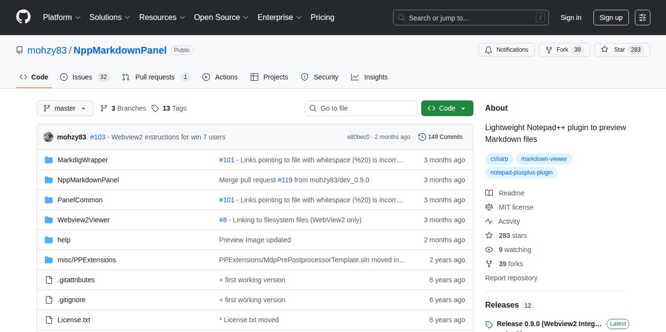 MarkdownPanel for Notepad++ Landing page