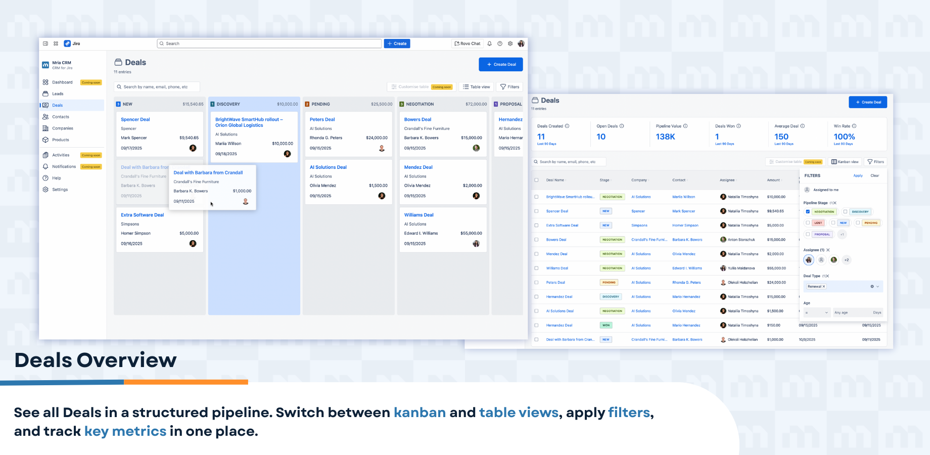 Mria CRM Deals KanBan board