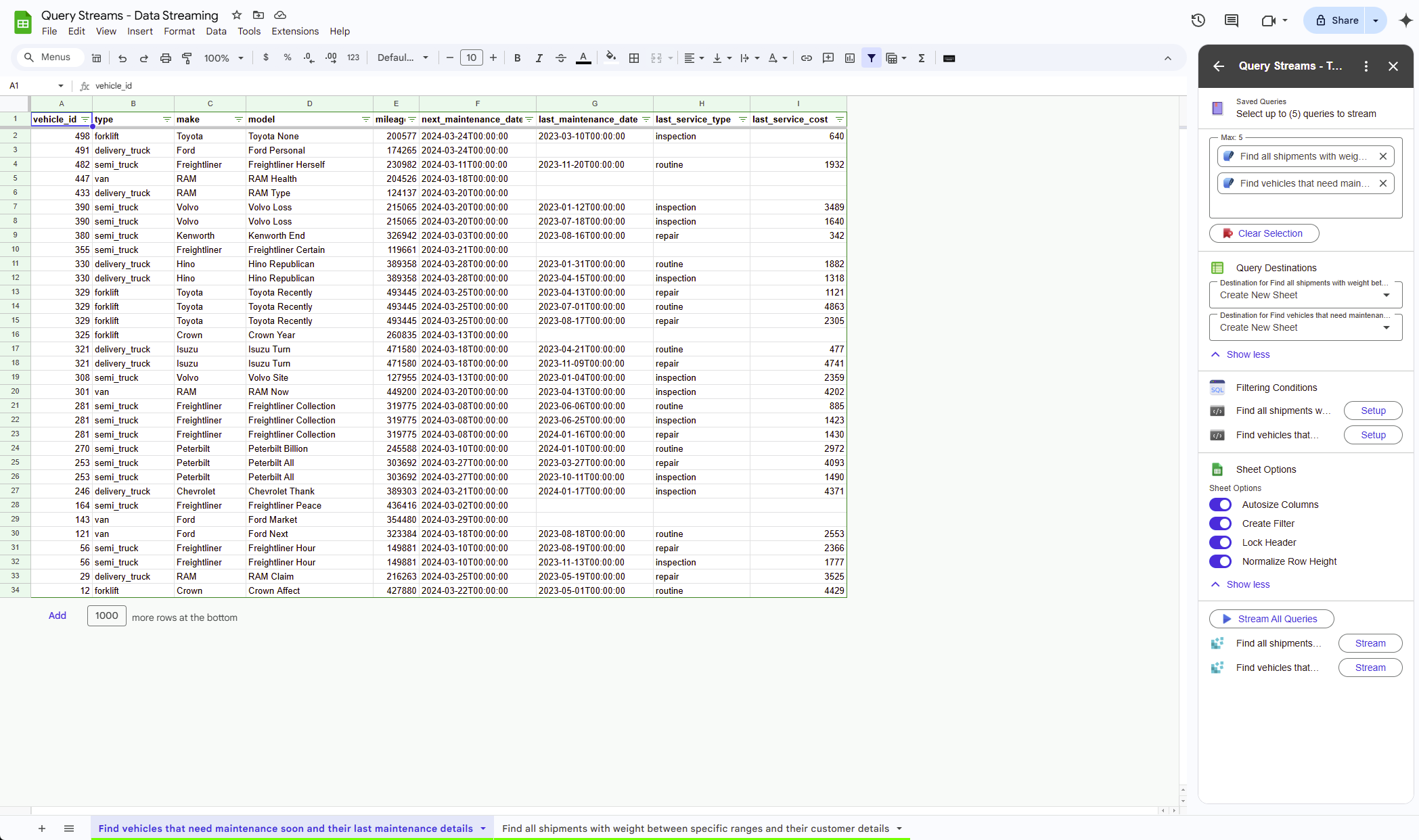 Query Streams Google Sheets