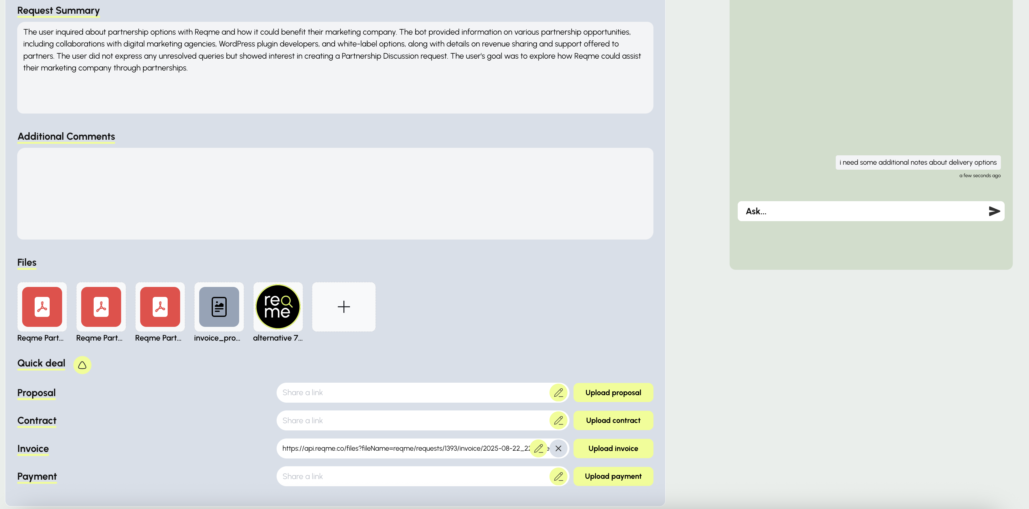 Reqme.co File Sharing and chat in created Request
