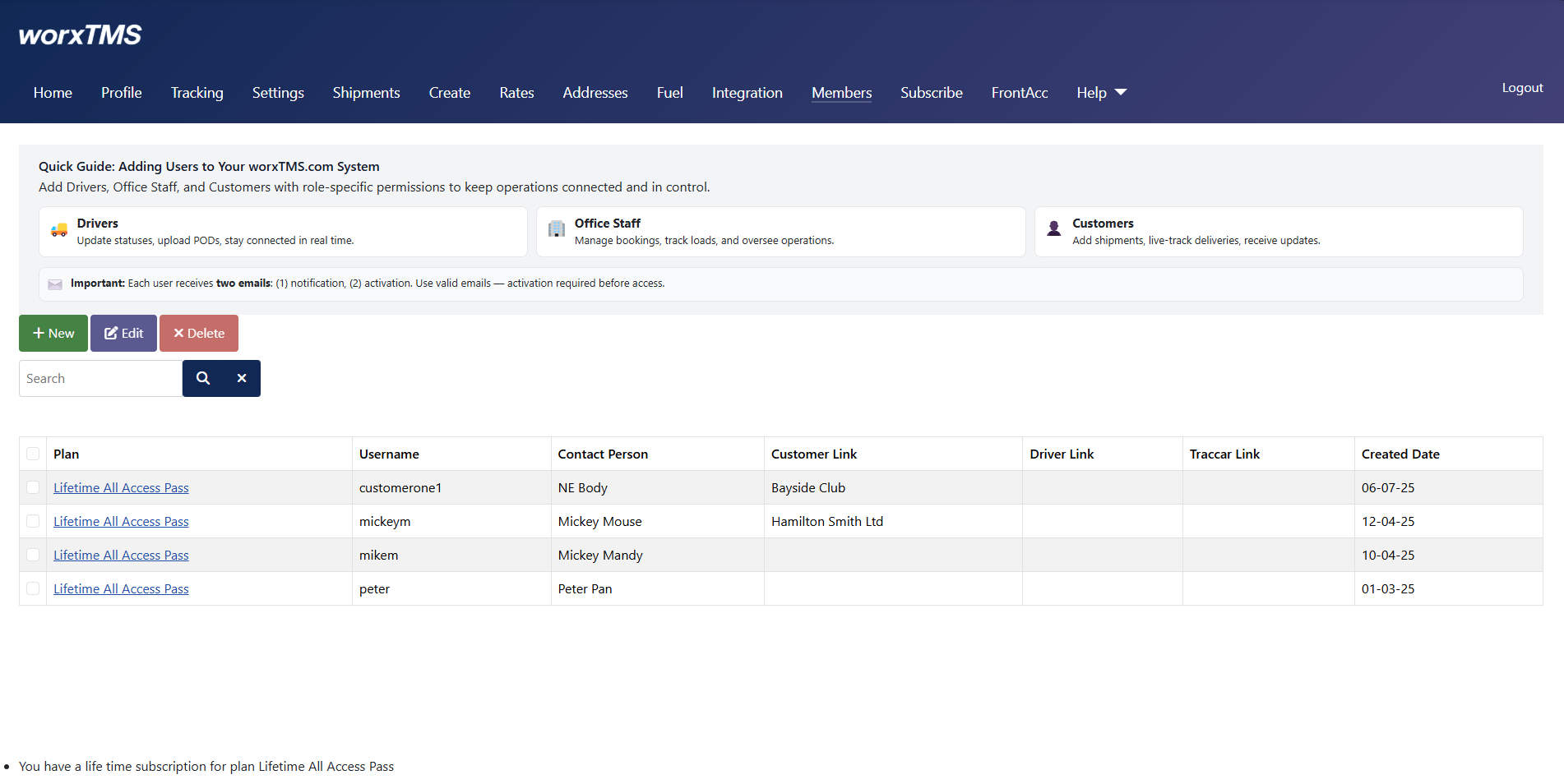 worxTMS Adding Staff / Drivers / Customers
