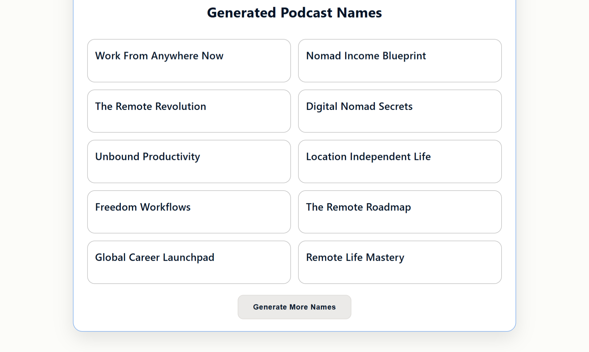 AI ToolsPodcasting Generated podcast names with instant copying options