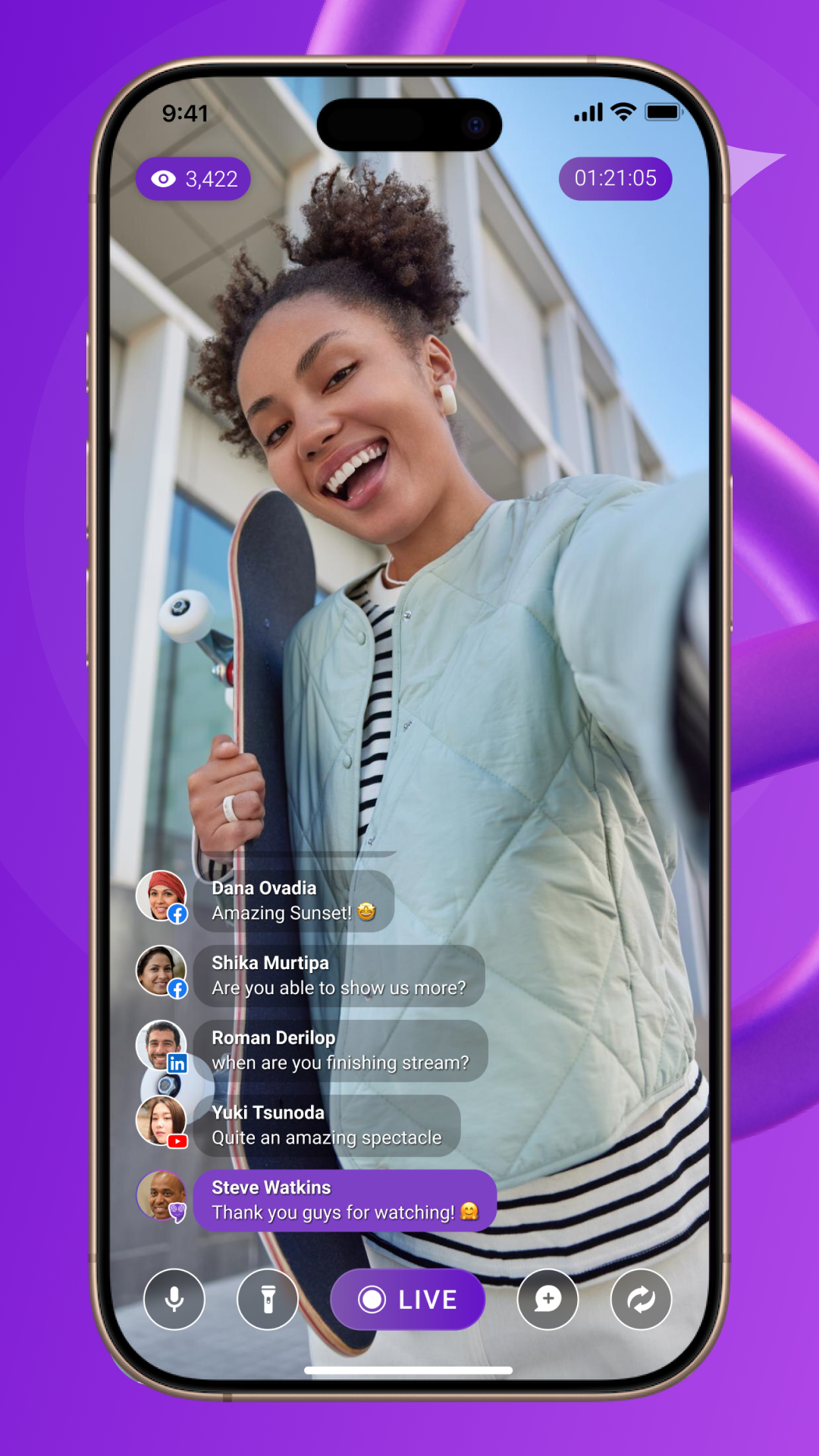 FeelThere.live FeelThere - Live Streaming Screen: Real-time view of the live broadcast showing video feed, viewer count, comments, and reactions, allowing creators to monitor engagement and audience interaction during the session.