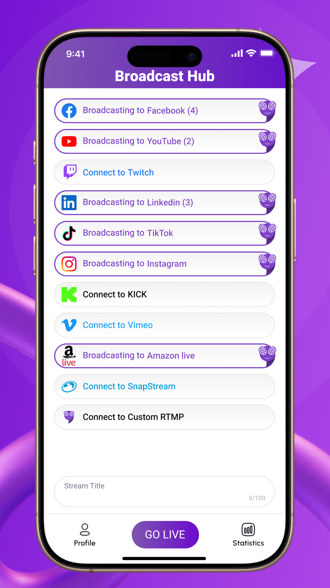 FeelThere.live FeelThere - Broadcast Hub: The main home screen for setting up live streams. Connect platforms, switch to personal profile or statistics page, and add a stream title before going live across multiple destinations.