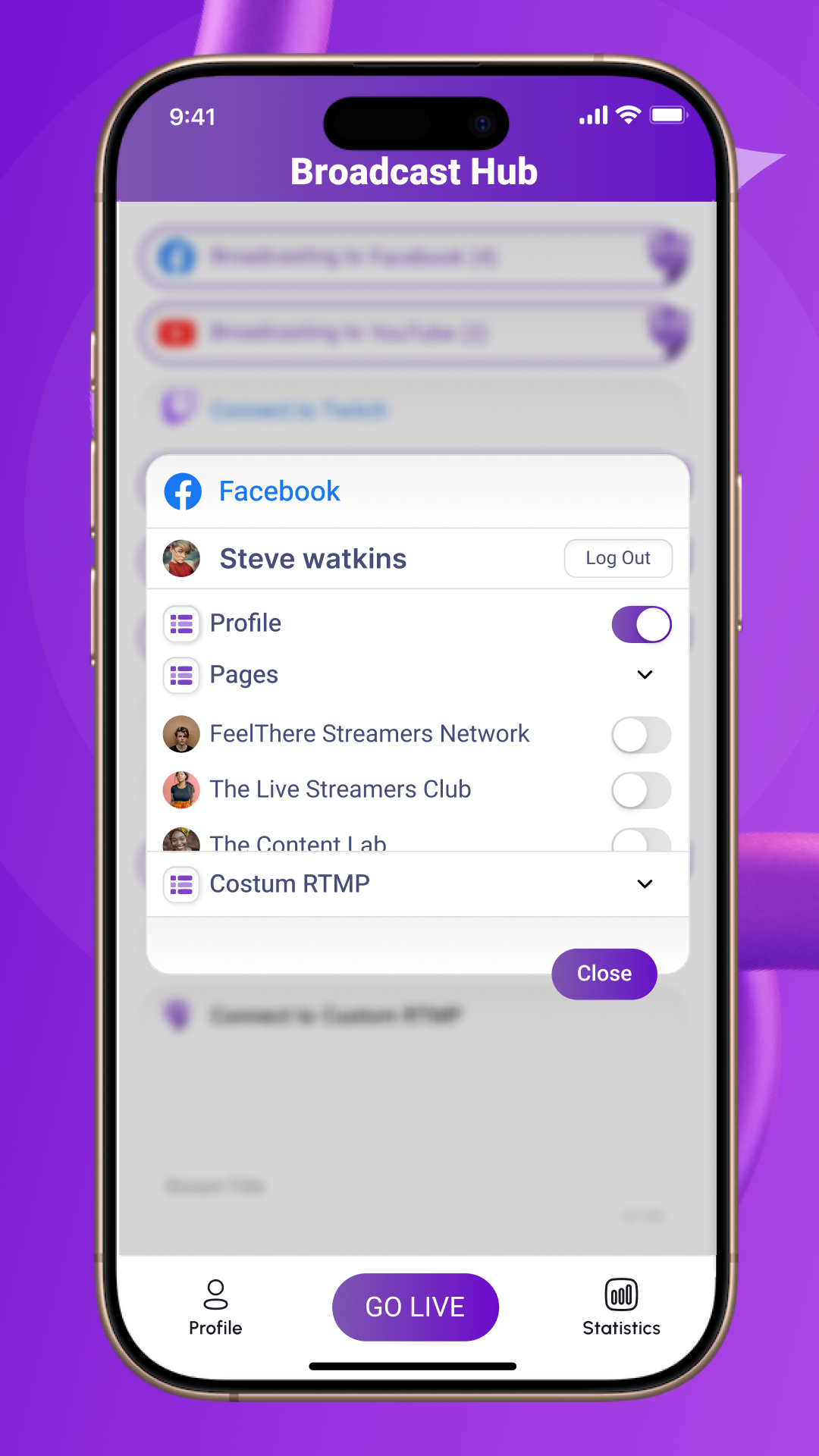 FeelThere.live FeelThere - Select Destinations: Screen where creators choose platforms for live streaming, including personal profiles, organization pages, channels, and custom RTMP options, before starting the broadcast to maximize reach.
