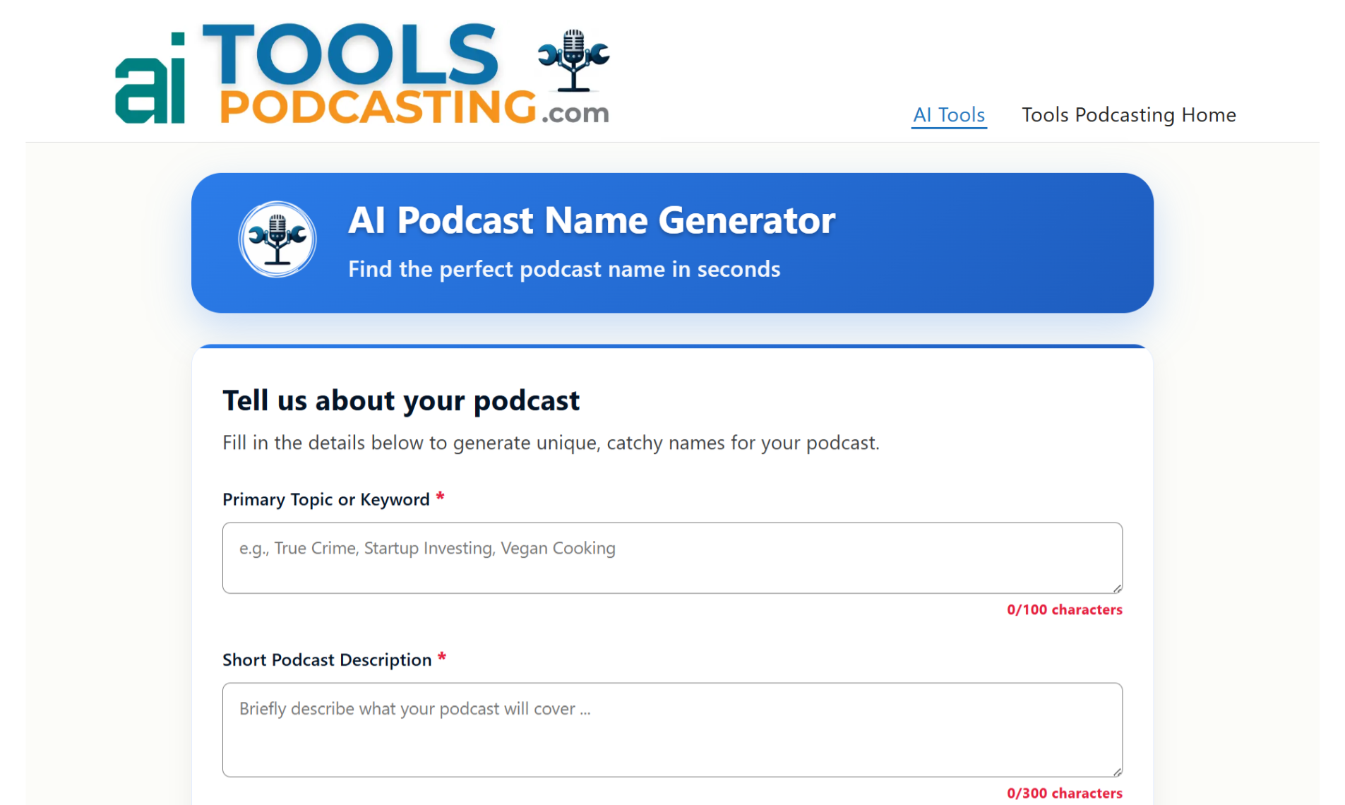 AI ToolsPodcasting Main input form for podcast topic and description