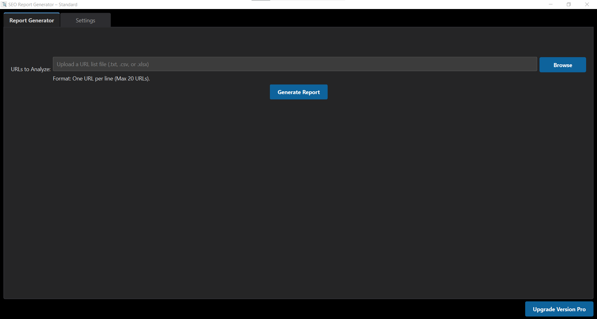SEO Report App Standard Interface