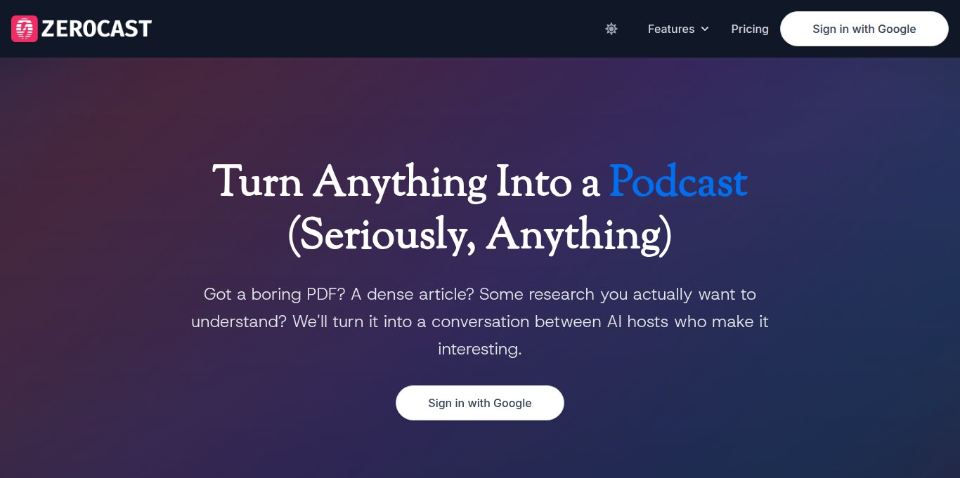 Zerocast Landing page